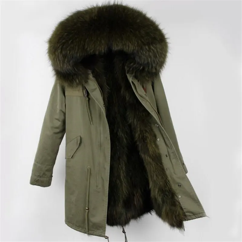 green fur Брендовая зимняя женская куртка, длинная шуба из натурального Лисьего меха, женские теплые меховые куртки, воротник из натурального меха енота, парка с подкладкой из натурального меха - Цвет: green fur