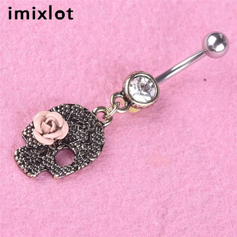 Imixlot Скелет роза цветок кристалл кулон пирсинг серьги для пупка Кнопка гвоздь