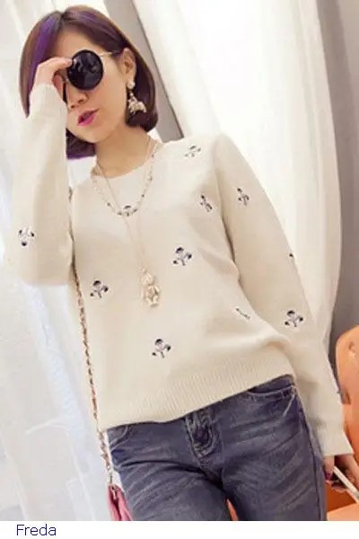 Christmas Snowman Embroidery White Sweater LC27564 | Женская одежда