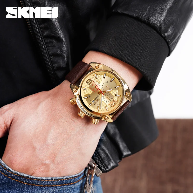 SKMEI 9190 роскошные золотые мужские часы Повседневное платье кварцевые часы 30 м водонепроницаемый большой циферблат Календарь указатель Relogio Masculino