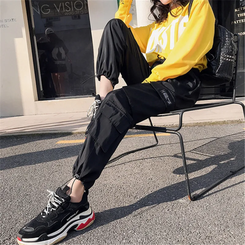 WKOUD Letter Printed Cargo Pants Women Harajuku High Waist Drawstring Streetpants Sexy Fashion Sport Trousers Streetwear P8890 | Женская
