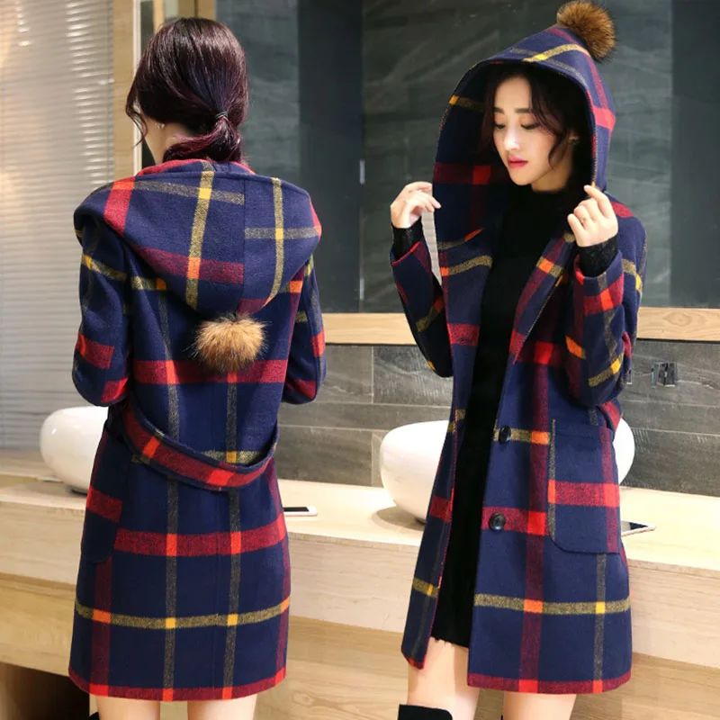 

Newly Women Grid Hooded Overcoat Long Sleeve Slim Fit Woolen Coats Windproof Warm Outwear m99