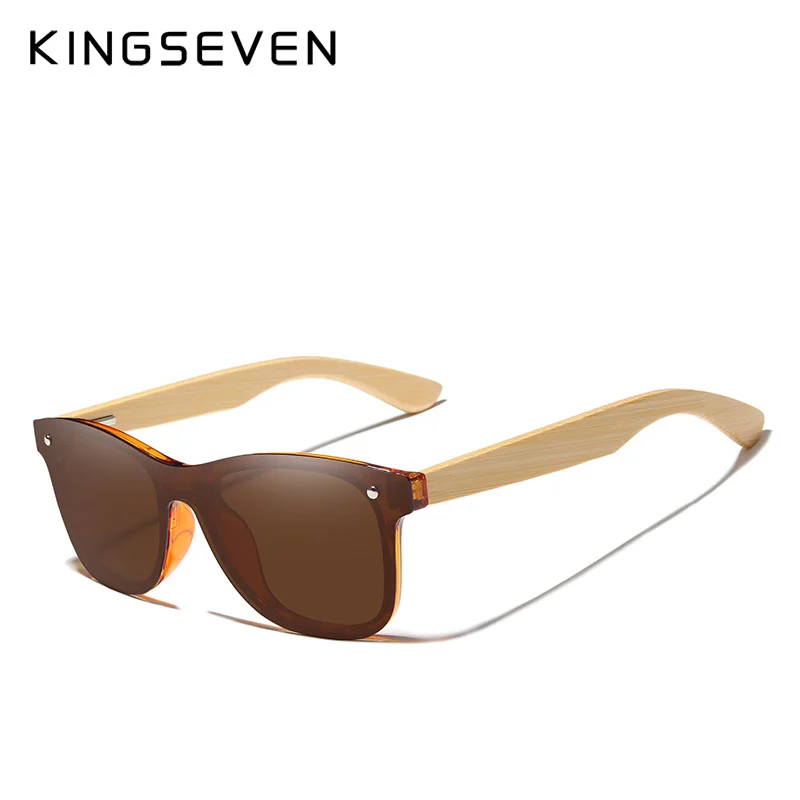 Brown Bamboo KINGSEVEN брендовые бамбуковые дужки, поляризационные солнцезащитные очки, мужские классические квадратные очки, модные ретро женские солнцезащитные очки, логотип на заказ - Цвет линз: Brown Bamboo
