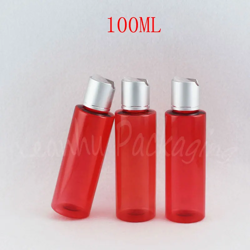 100ML Red Plastic Bottle With Gold Disc Top Cap , 100CC Shampoo / Lotion Travel Packaging Bottle , Empty Cosmetic Container