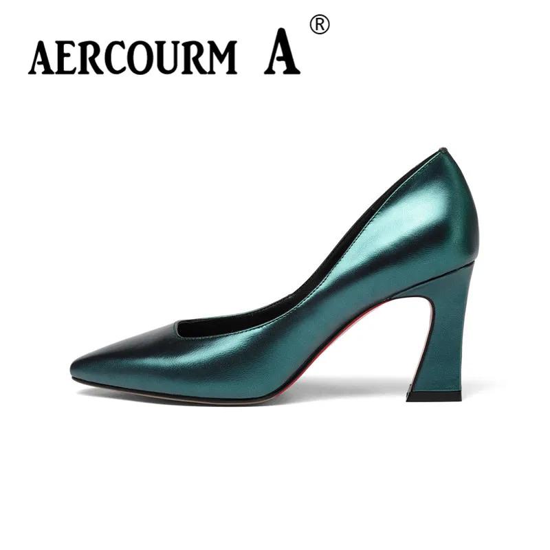 Зеленый натуральной кожи Aercourm A г. Для женщин шелковой поверхностью обувь женская обувь из натуральной кожи туфли-лодочки на каблуке Весна квадратный каблук зеленый Брендовая обувь Z302