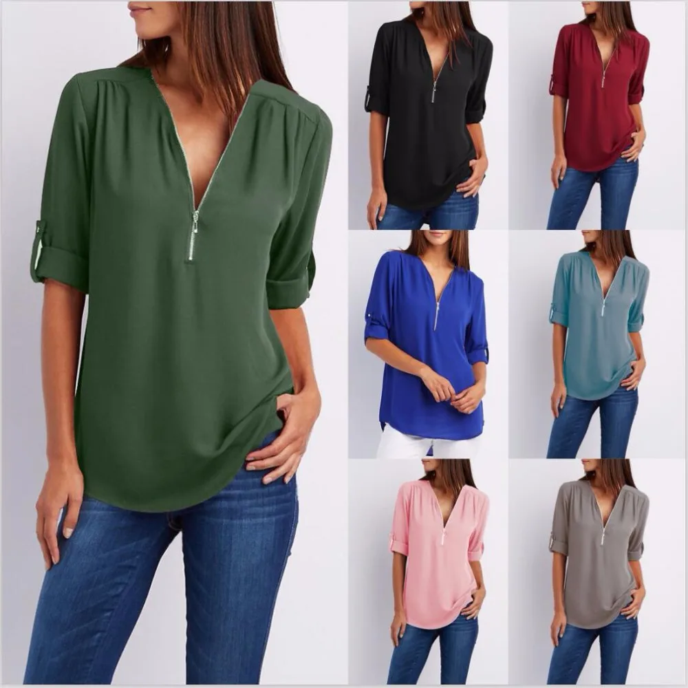2018 New Shirts Spring Summer Fashion Women Tops Casual Street Half Sleeve V-Neck Blouse Loose Plus Size Zipper Chiffon |