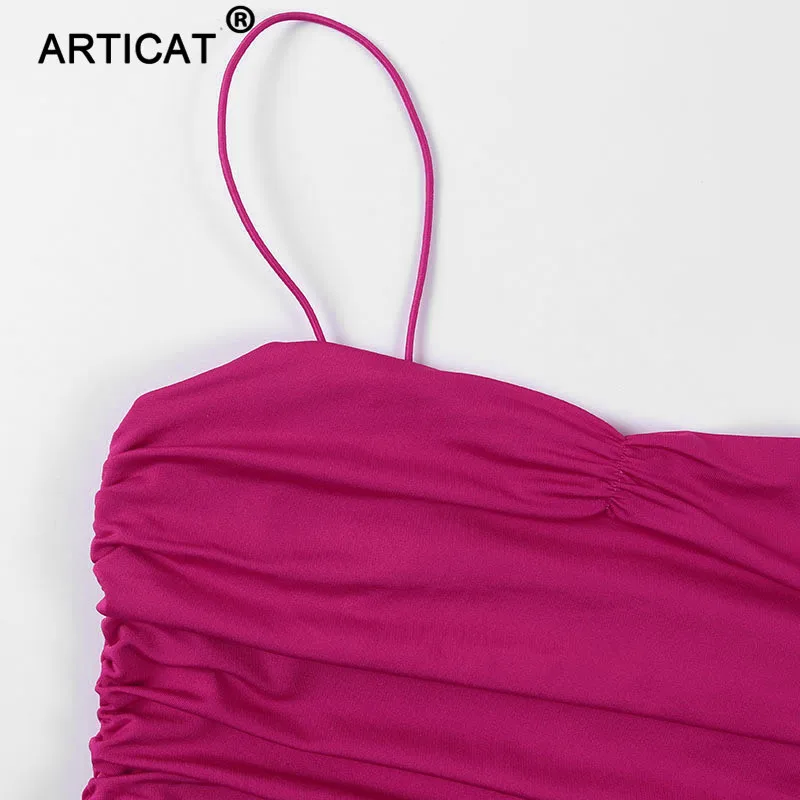 Articat, комплект из двух предметов, с рюшами, сексуальное летнее платье для женщин, на тонких бретелях, плиссированные, розовые, укороченные, вечерние Женское обтягивающее платье, короткое платье