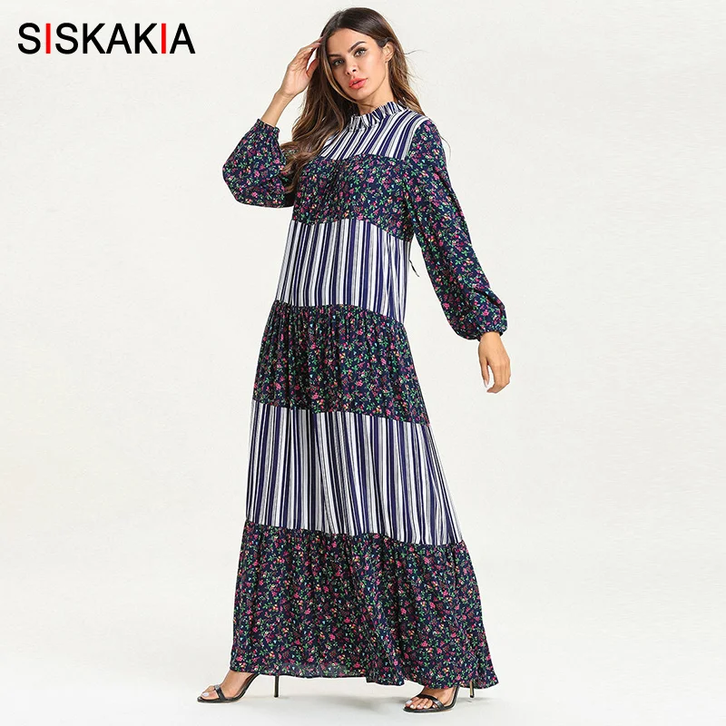 Siskakia Цветочная печать полоса лоскутное женское длинное платье кружевной воротник шнурок платья-Макси с длинным рукавом размера плюс качели