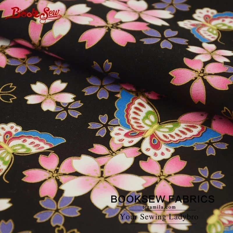 Booksew хлопок белье Ткань черный стежка ткани ткань Бабочка и цветок золотой Фольга