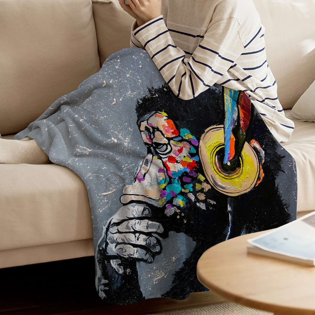 

WARMTOUR Throw Blanket Music Monkey Throw Blanket Home Decoration Warm Microfiber Blankets For Bedroom