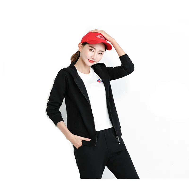 

2022 Spring autumn Female Sporting Suits Ladies Slim 2 Pieces Sets Cotton Women Hooded Tops and Long Pants Female black