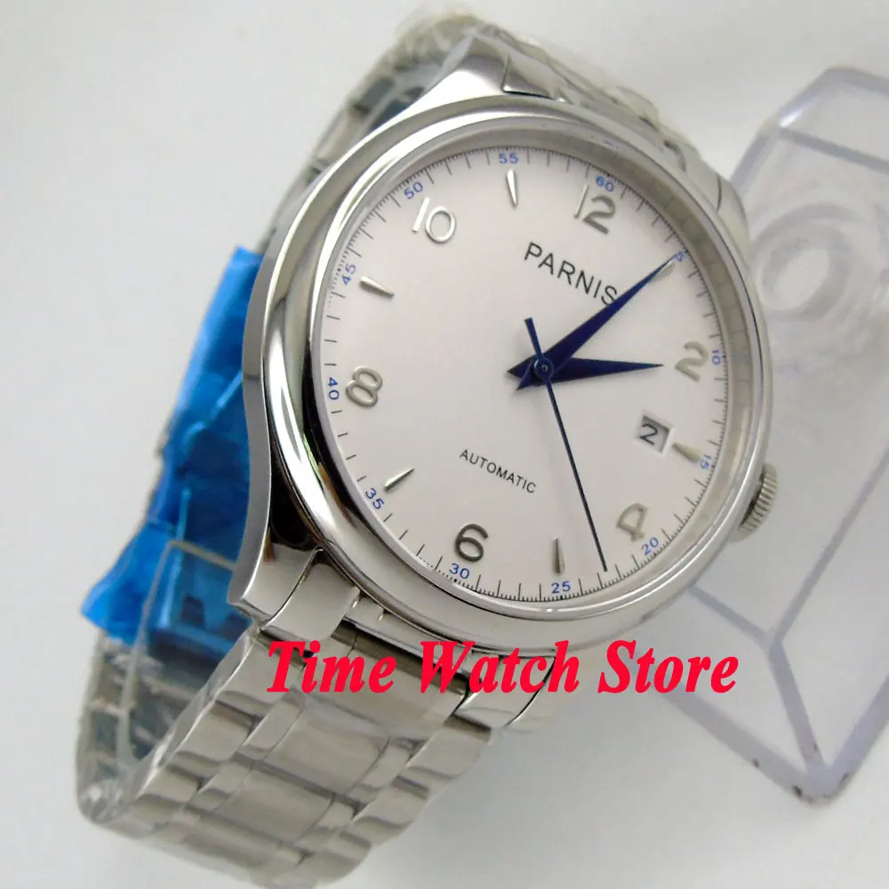 Парнис 38 мм белый циферблат синий руки Дата сапфировое стекло 21 jewels MIYOTA