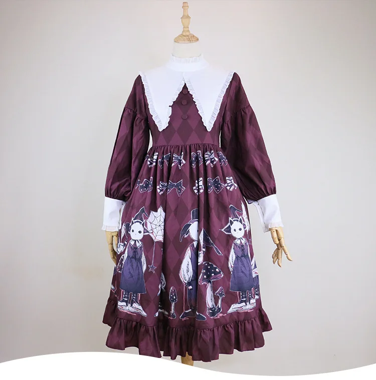 

lolita dress cute printing ruffled high waist bowknot victorian dress Simple kawaii girl gothic dress loli cos gothic lolita op