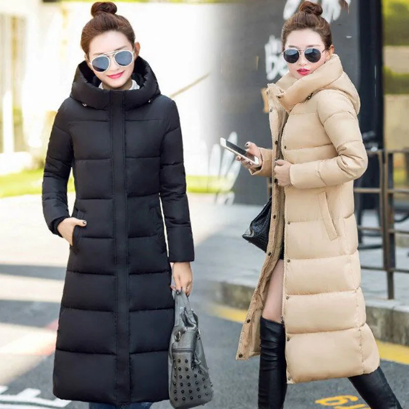 Зимняя женская куртка 4XL Длинная с капюшоном и хлопковой подкладкой