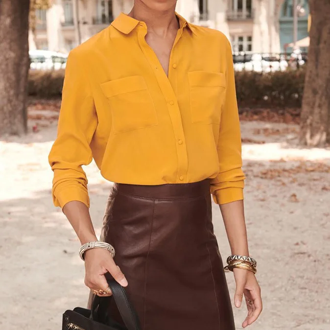 Шелковая блузка с длинными рукавами, топ с двойными карманами, весна-лето, белая/черная/желтая/красная/Розовая/темно-синяя рубашка, Топ