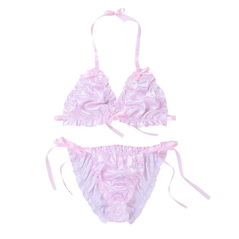 Мужской гофрированный Frilly Блестящий гладкий горошек Strappy Сисси набор белья бикини без косточек Холтер бюстгальтер топ с трусами нижнее белье