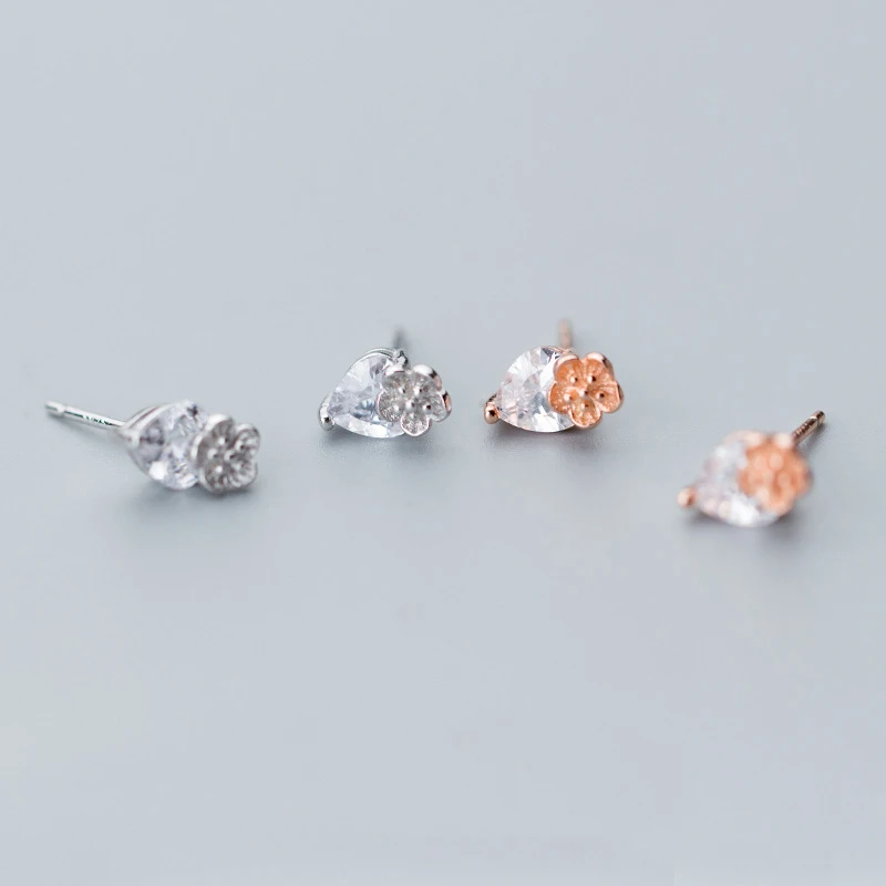 INALIS New Delicate Simple Design S925 Sterling Silver Flower with Waterdrop Clear Single CZ Stone Crystal Stud Earrings Girls | Украшения