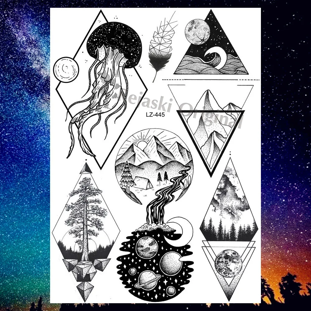 

REJASKI Galaxy Planets Mountain Temporary Tattoos For Women Sticker Triangle Forest Black Fake Tatoos Arrow Art Custom Tattoo