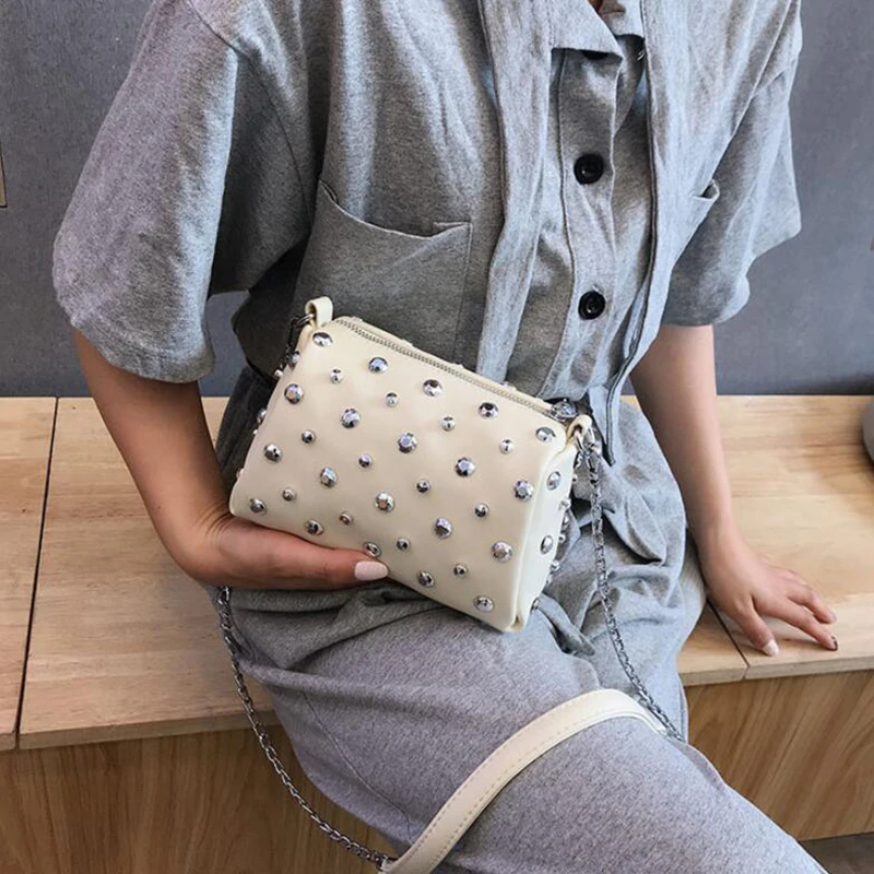 Yogodlns Bags For Women New Fashion Rivet PU Leather Women Bag Diamonds Shoulder Messenger Bag Chains Small Flap Crossbody Bag