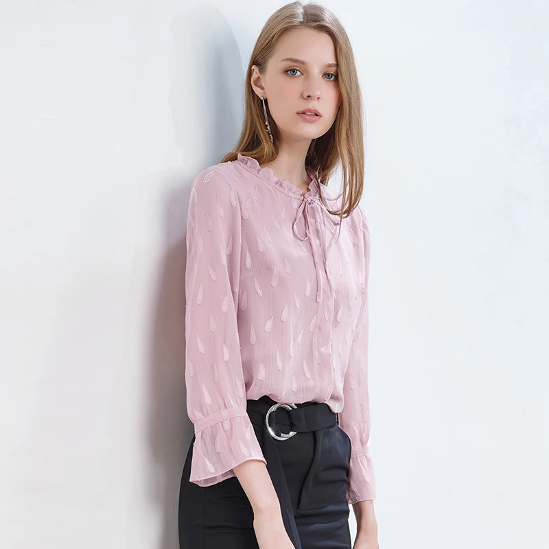 Женская шифоновая блузка Onlyplus свободная розовая с длинным рукавом и цветочной