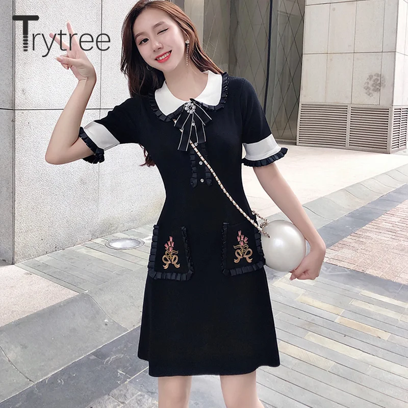 Trytree Autumn Winter Women Dress Casual Peter pan Collar Bow Embroidery Pocket Shirt Dresses Knitting Black Straight Mini Dress