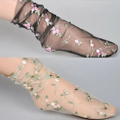 Женские прозрачные кружевные носки тонкие шелковые с цветами розы 2019 | Женская
