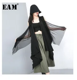 [EAM] Новинка весны summerFashion желтый свободные короткий рукав плиссированные раза асимметрия О-образным вырезом простые женские модельные S206