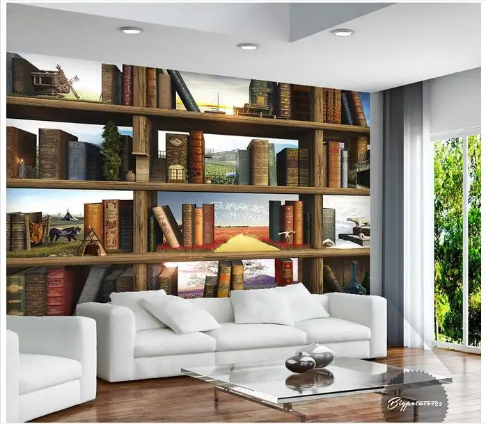 Фотообои 3d фрески обои для стен 3 d книжный шкаф настенные деревянные полки книги