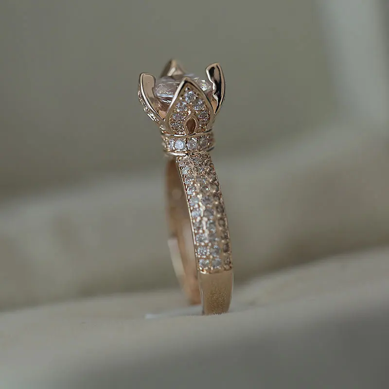 Luxury Female Snowflake Ring Fashion Yellow Rose Gold Color with Big Crystal Zircon Stone Vintage Wedding Rings For Women | Украшения и
