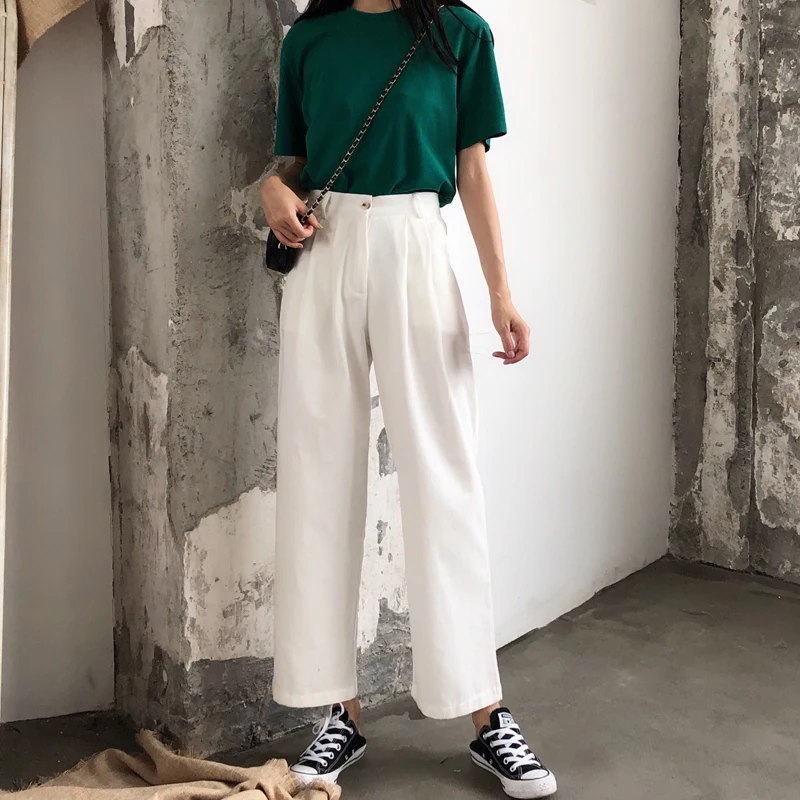 Брюки женские летние модные Harajuku с высокой талией свободные корейский стиль Aii-match Ulzzang уличная женская s брюки шикарные повседневные однотонные