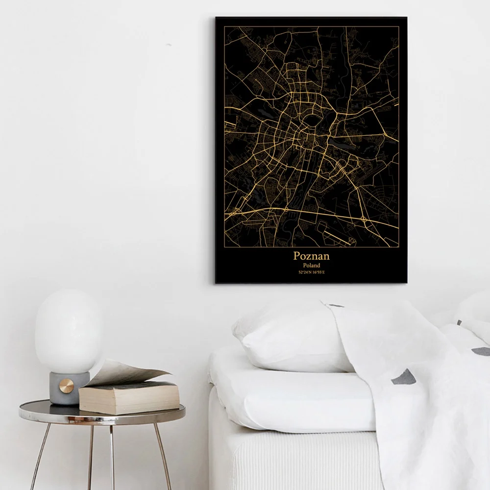 Черно-Золотая карта города Художественная печать на холсте послова Вроцлава