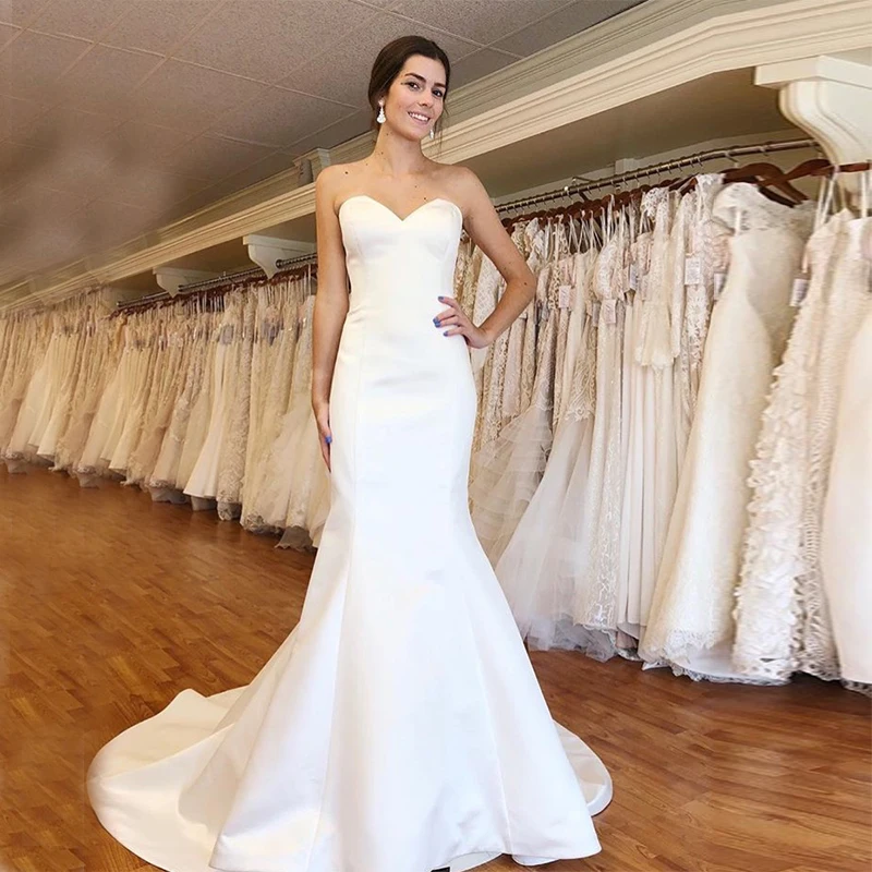 Простой сатин свадебное платье милое декольте Русалка Стиль Vestido De Novia 2019 дешевое