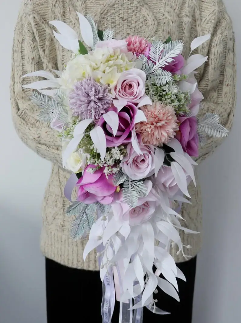 style 1 Розовый, фиолетовый, капля воды, водопад, элегантный свадебный букет, искусственная Карла, Лилия, Свадебный букет невесты, Свадебный букет невесты - Цвет: style 1