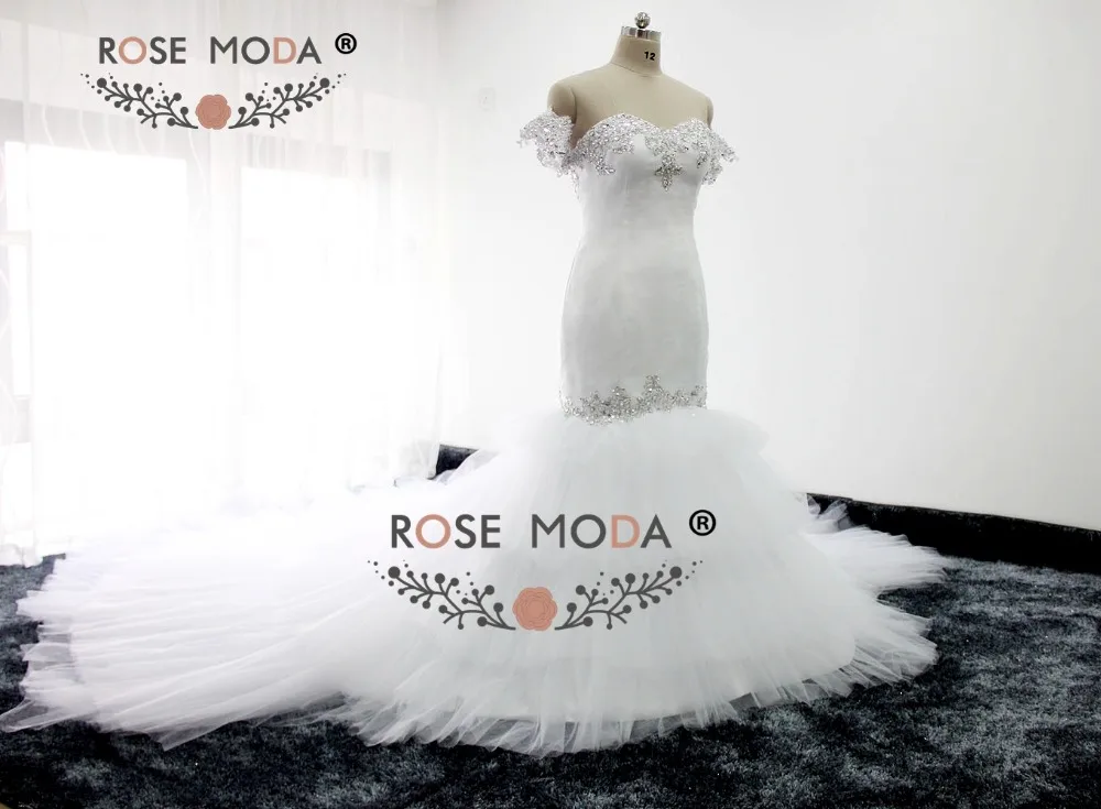 Роза Moda Потрясающие с открытыми плечами на бретельках Кристалл ювелирное возлюбленная Русалка свадебное платье с Королевский поезд Низкая V назад 1 м поезд