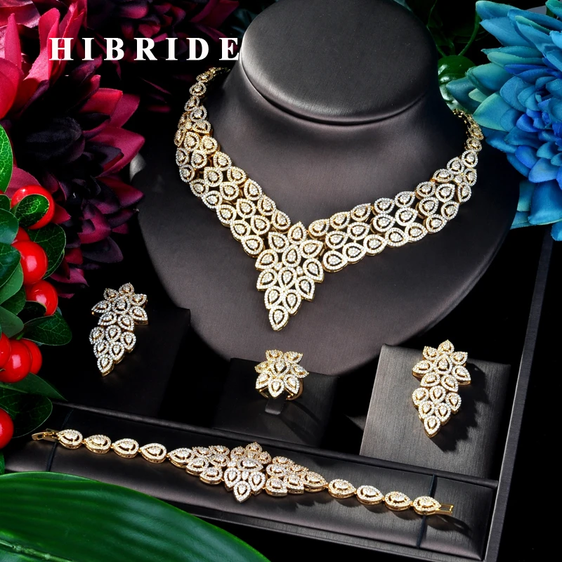 HIBRIDE, большой цветочный дизайн, модный золотой цвет, женский свадебный комплект ювелирных изделий, платье, ожерелье, серьги, ювелирный набор ...