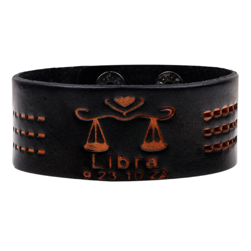 Kirykle 12 Знак Созвездие зодиака коричневый широкий кожаный браслет с раком Leo Virgo Libra женские ювелирные изделия панк мужской браслет