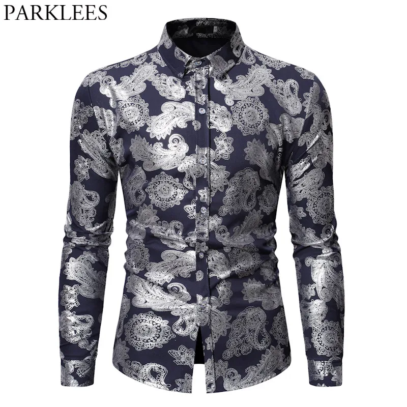 Мужская приталенная рубашка с длинным рукавом и цветочным принтом|Повседневные