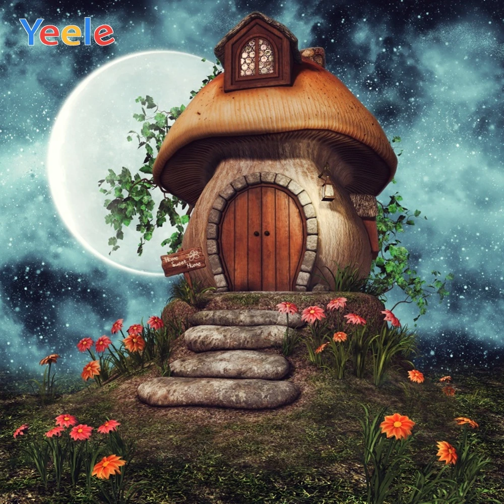 

Yeele Dreamy Colorful Fairytale Mushroom Cottage Photography Backgrouds Flowers Night Photographic Backdrops For Photo Studio