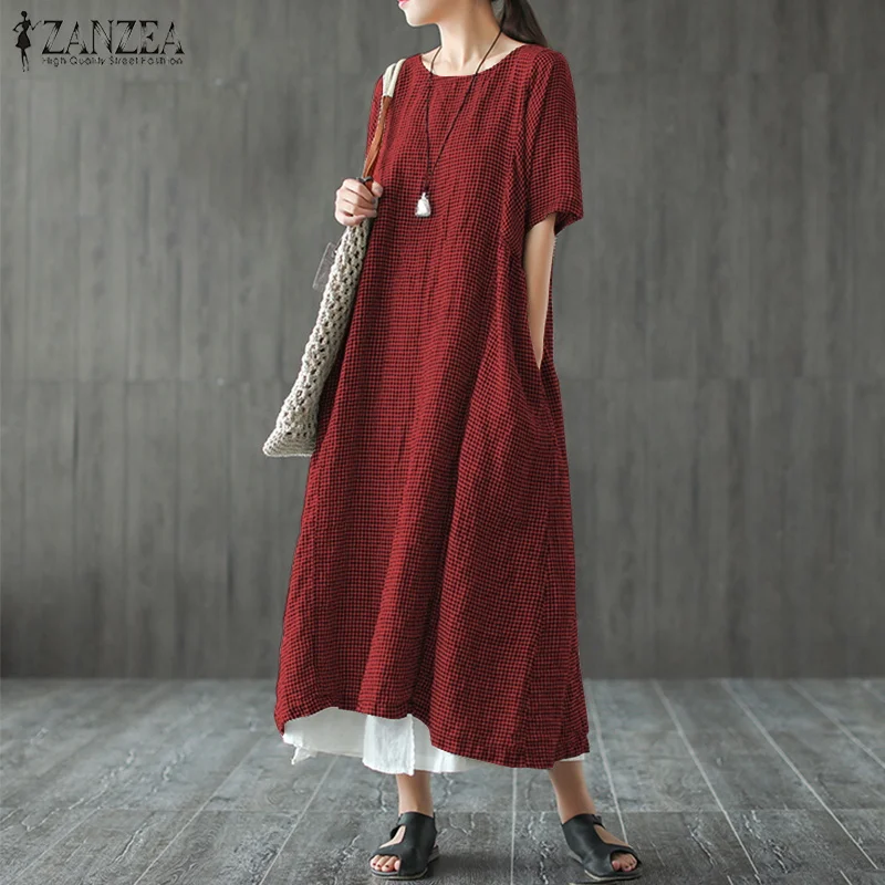 ZANZEA, женское платье, женское, в клетку, короткий рукав, длинное, макси, Vestido, летнее, повседневное, с круглым вырезом, сарафан, вечерние, Клубное платье, Robe Femme