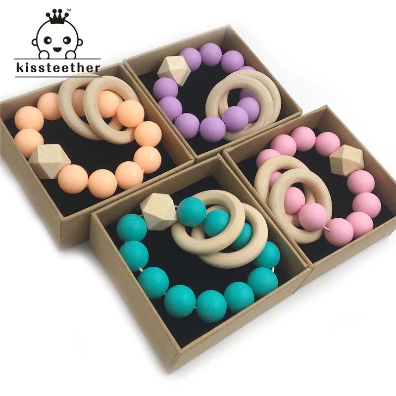 

4pcs Baby Teether Nursing Bracelet Food Grade Silicone Beads Wooden Rings Teether Nature Safe Organic Infant Bangle Teether Toys