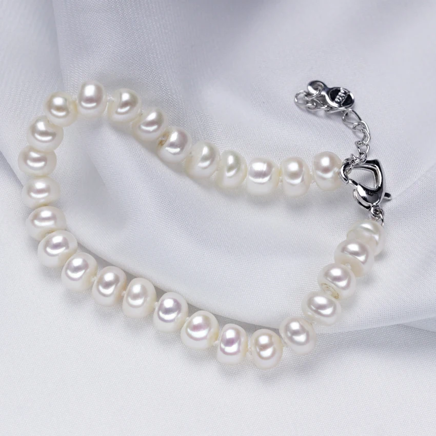 2017 натуральный жемчужный браслет 7-8 мм Кнопка AAA с расширением пресноводного
