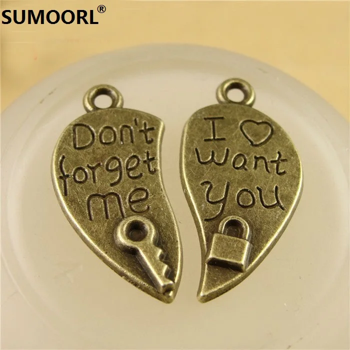 SUMOORL 10Pair/lot 26*24mm Love Lock Charms Letter Necklace Don't Forget Me Couple Jewelry Pendant DIY Findings | Украшения и