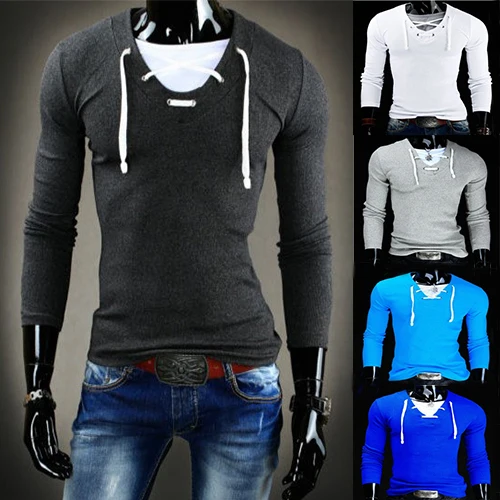 New Arrival Free Shipping 2015 Men Long Sleeve T-shirts Solid V-Neck Casual M-XXL 13T05 | Мужская одежда