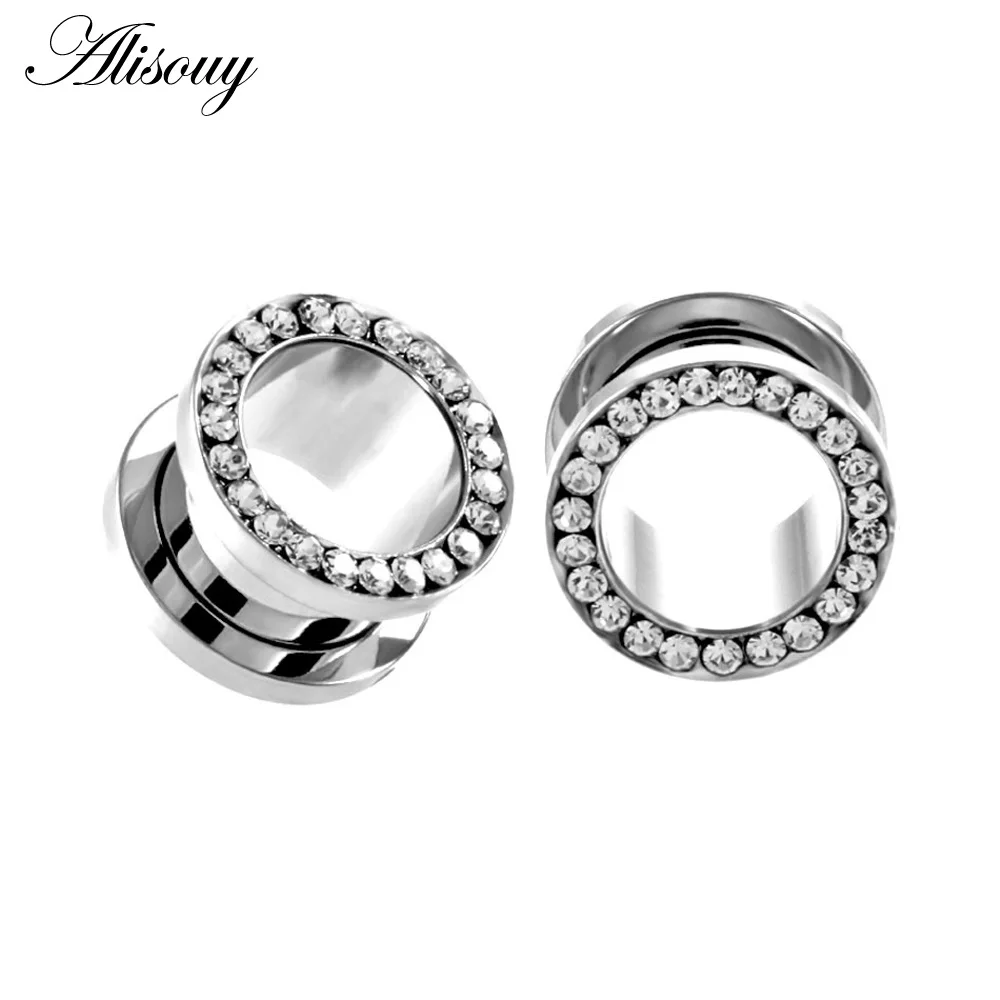 Silver-Clear CZ Alisouy Ear Expander ювелирные изделия для пирсинга тела 2 шт. нержавеющая сталь Одиночная вспышка телесный туннель ушные пробки 2-25 мм Хрустальные ушные носилки - Окраска металла: Silver-Clear CZ
