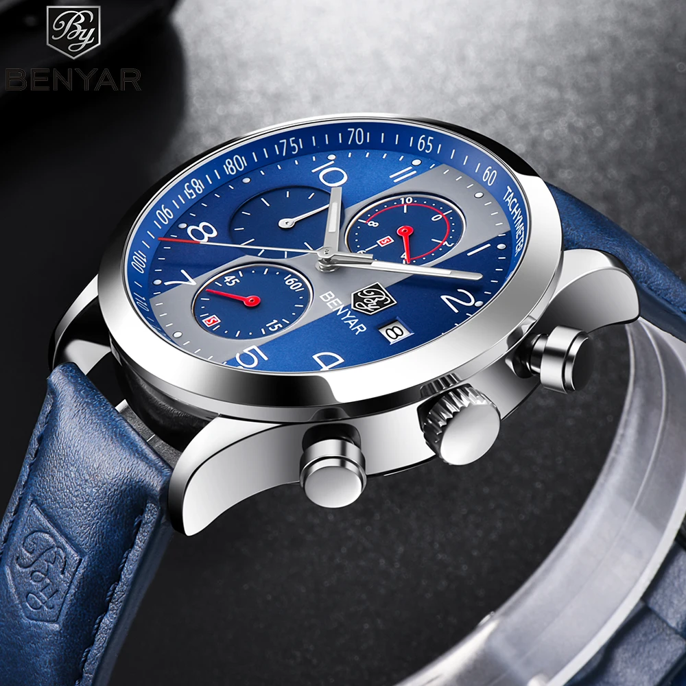 BENYAR мужские спортивные часы кожаный ремешок Кварцевые хронограф