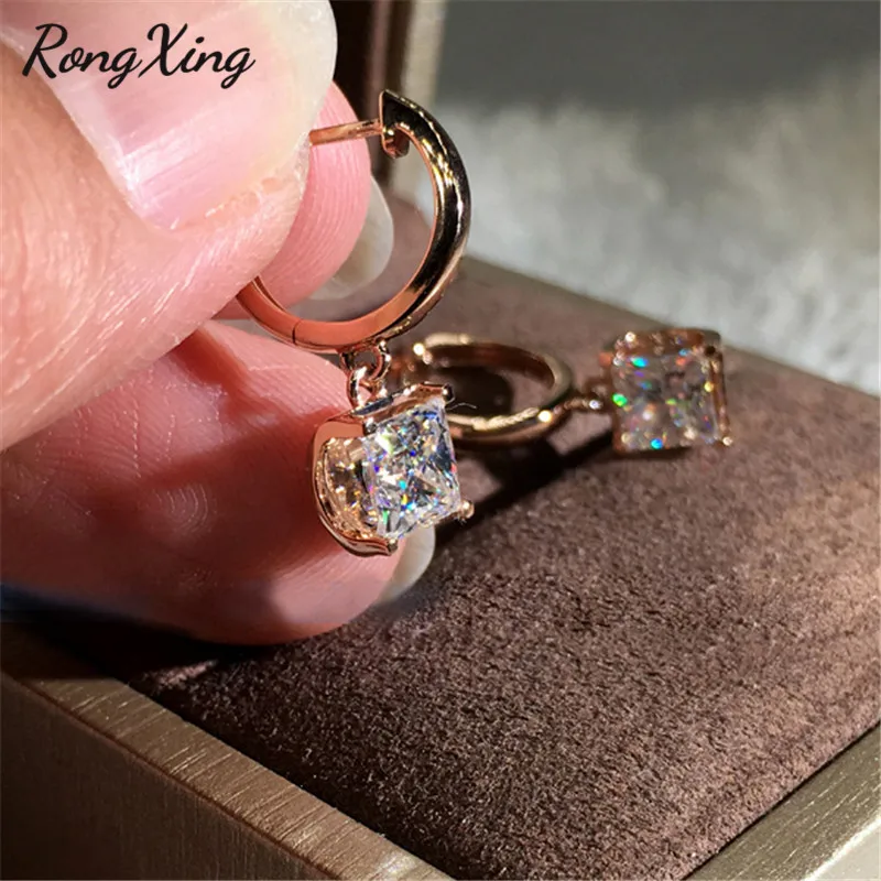 RongXing, квадратные белые серьги-кольца с цирконом для женщин, 925 серебро/розовое золото, заполненные кристаллами, серьги с камнем, женские свадебные ювелирные изделия