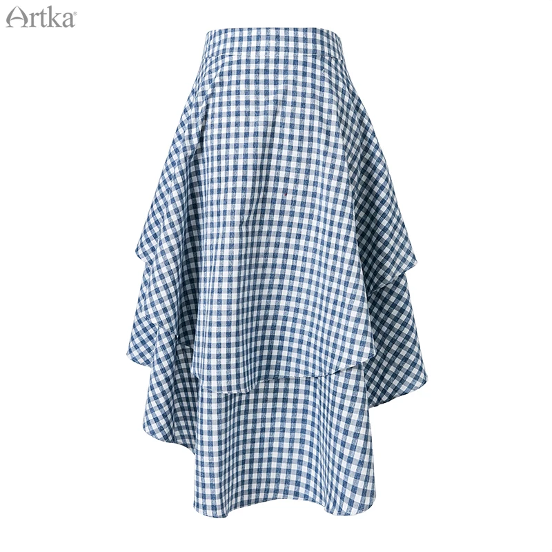 ARTKA, летняя женская юбка, модная, ласточкин хвост, короткая юбка в клетку, с принтом, двойной слой, необычный дизайн, юбка для женщин, QA15096X