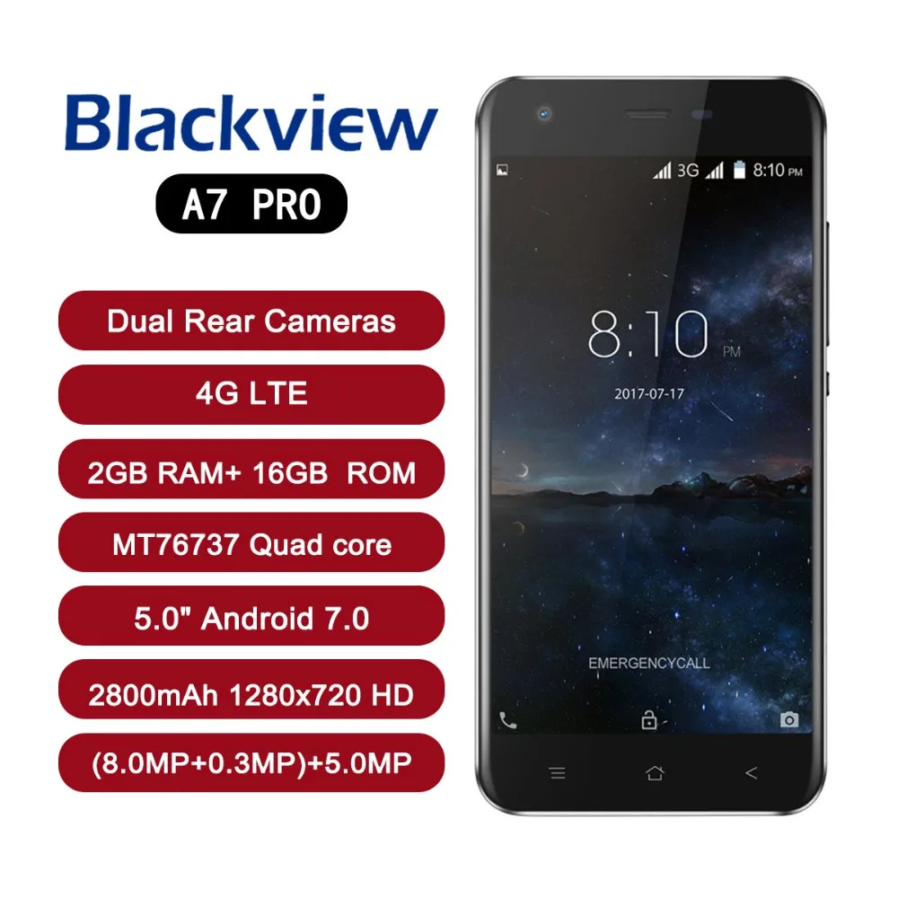 Blackview A7 Pro 4 г смартфон Dual сзади Камера 2 ГБ + 16 MTK6737 ядра 5 0 &quot8MP 2800 мАч отпечатков