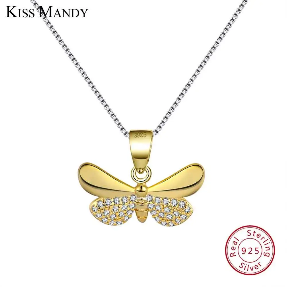 Gold KISS MANDY Real 925 пробы серебряные женские ожерелья серебро золото-Цвет Бабочка Форма AAA циркон мода кулон ювелирные изделия KSN89 - Окраска металла: Gold