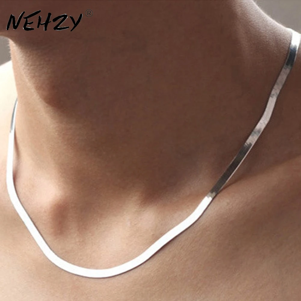 

S925 Stamp quality silver necklace Men Ms Short paragraph clavicle Blade chain fashion Nightclubs accessories Flat chain 45CM